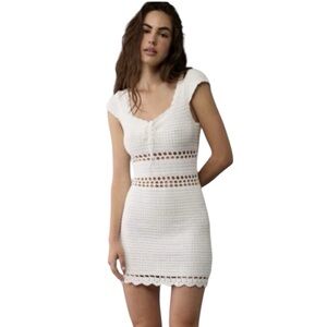 American Eagle crochet mini dress white, hand-crocheted knit cap sleeves L
